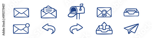 Set of hand-drawn mail and email icons in a doodle style, featuring envelopes, mailbox, inbox, and paper plane icons on a white background.