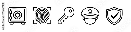 Set of security line icons featuring a safe, fingerprint scan, key, police officer, and shield, representing protection and safety.