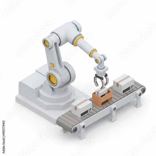 Industrial robotic arm handling a crate on a conveyor belt.