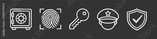 Set of white line icons on dark background featuring a safe, fingerprint scanner, key, security guard, and shield with a checkmark.