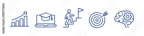 Set of minimalist line icons representing business growth, online education, career success, target goals, and strategic brain thinking.