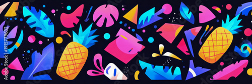 Vibrant Abstract Tropical Pattern with Stylized Pineapples, Exotic Neon Leaves, and Geometric Shapes on Dark Background, Perfect for Summer Design