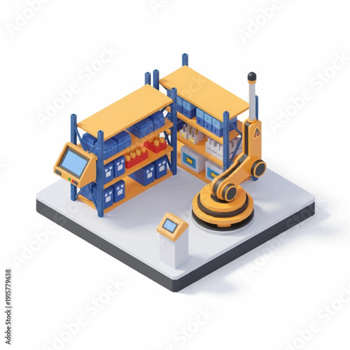 Isometric illustration of a modern factory with robotic arm and control panel.