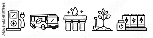 Set of five hand-drawn icons representing green energy, electric transport, water filtration, reforestation, and battery storage solutions.