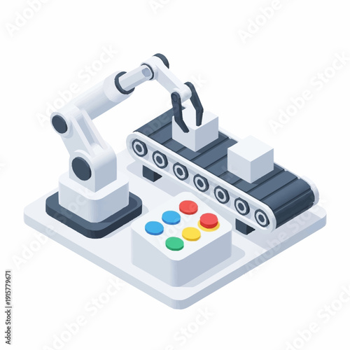 Industrial robotic arms working on a conveyor belt with colored buttons.