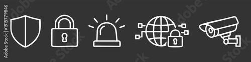 Set of security and protection icons including shield, padlock, siren, global network security, and surveillance camera in white line art.