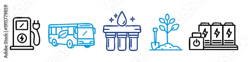 Set of five hand-drawn icons representing green energy, electric transport, water filtration, reforestation, and battery storage solutions.