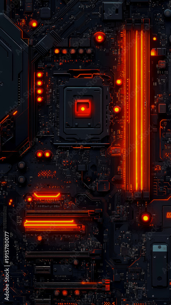 Fototapeta premium Abstract Dark High-Tech Close-Up of Gaming Motherboard with Glowing Neon Orange Lights Highlighting RAM Slots and CPU Socket Area, Representing High Performance Computing