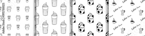 Vector seamless pattern set with hand drawn coffee cup, milkshake, milk carton, coffee time quote. Cute black and white drink background for cafe branding, modern packaging. Coffee print collection.
