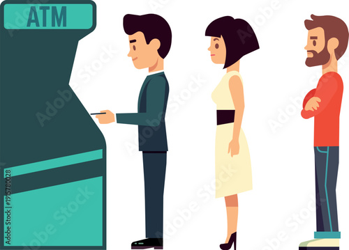 People stay in line to atm. Waiting bank clients