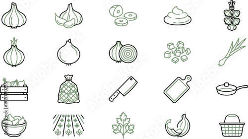 Modern Vector Line Art Icon Set Depicting Fresh Garlic, Onions, and Essential Kitchen Cooking Ingredients and Tools for Culinary Designs