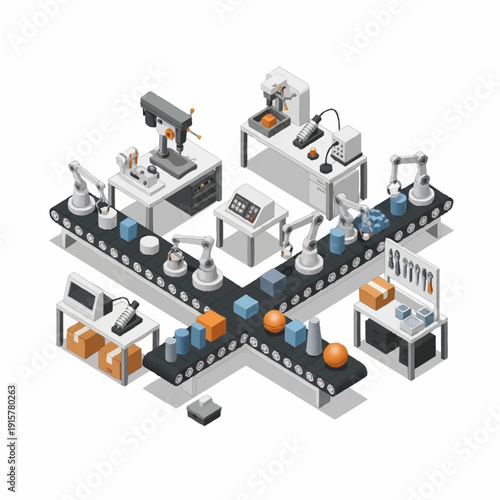 Isometric illustration of an automated industrial production line with robotic arms and conveyor belts.