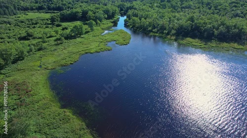 Pickerel Lake flight over view near Jacks Creek Armour, Ontario relaxing nature. Aerial depiction of the Ontario waters in Canada, North America. Shot from the sky at Lake and forest natural scenery.
