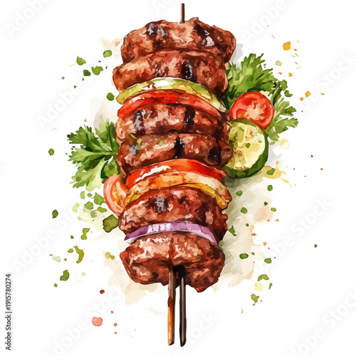 Adana Kebab A Beautifully Detailed, watercolor artwork with bold brush accents and dynamic composition, isolated on a white background.