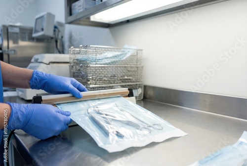 A medical worker in blue gloves is heat-sealing a sterilization pouch containing surgical instruments.