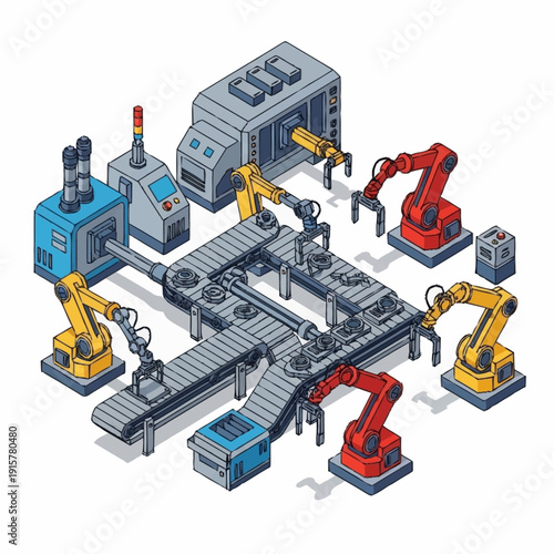 Industrial robotic assembly line with various machines and conveyor belts.