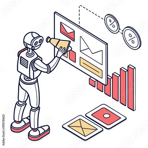 Robot analyzing data on screen with graphs and emails