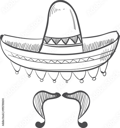 Traditional mexican man symbol. Hand drawn sombrero hat and mustaches