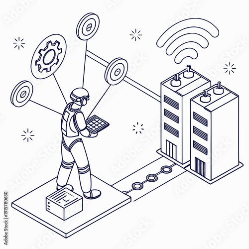 Technologist controlling industrial robot with tablet in modern factory setting