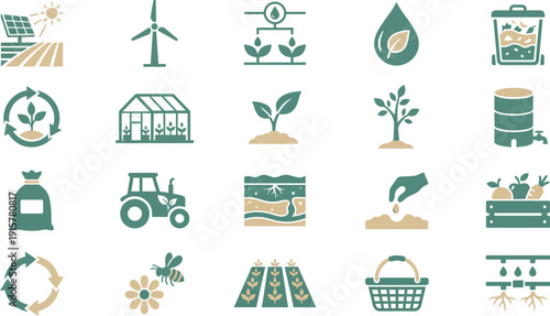 Modern flat vector icon set for sustainable agriculture, eco-friendly farming practices, and renewable energy solutions