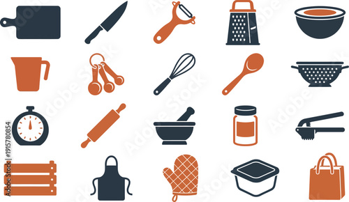 A comprehensive vector collection of essential kitchen utensils and cooking tools for culinary projects