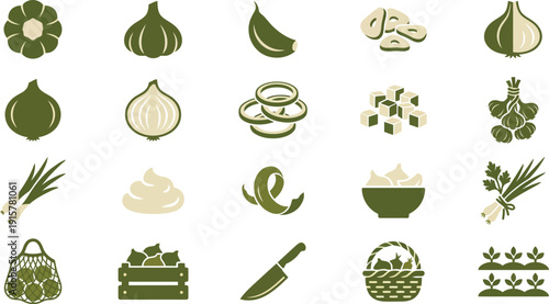 Comprehensive culinary graphic icon set featuring a clean vector design of garlic and onion forms, ideal for food-related projects