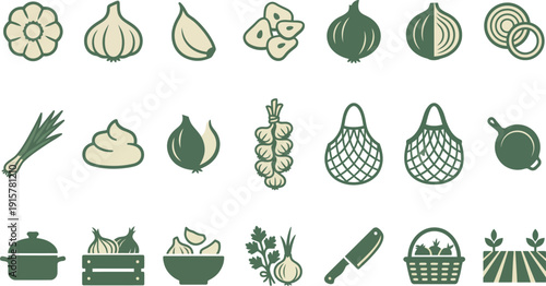 Modern Flat Graphic Icons Featuring Culinary Essentials Onions and Garlic in Various Forms for Food and Kitchen Designs