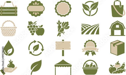 A versatile assortment of modern, clean vector icons for organic farming, fresh produce, and eco-friendly agricultural ventures