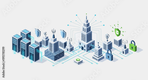 Isometric cityscape with security and technology elements.