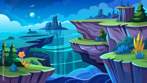 Cartoon vector illustration of underwater cliffs fading into darker blue depth in minimal flat landscape style