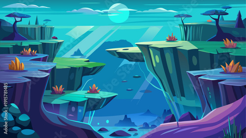 Cartoon vector illustration of underwater cliffs fading into darker blue depth in minimal flat landscape style