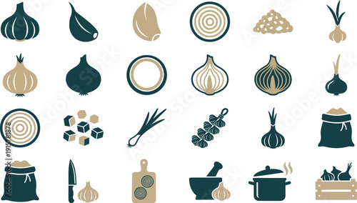 Modern culinary vector icon collection fresh garlic, onions, and kitchen tools for healthy cooking recipes in a clean, flat design