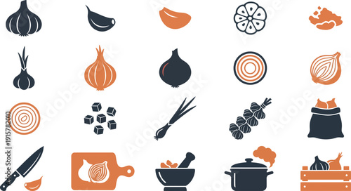 Stylized Culinary Vector Icons for Fresh Garlic and Onion Dishes, Preparing Meals, and Kitchen Essentials Collection