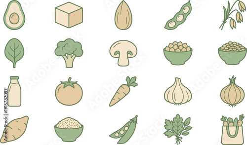 Contemporary collection of fresh plant-based food icons representing healthy eating and vegan nutrition