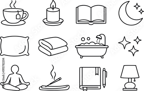Line style icons of Night routine: Tea, Candle, Book, Moon; Pillow, Blanket, Bath, Stars; Meditation, Incense, Journal, Lamp,
