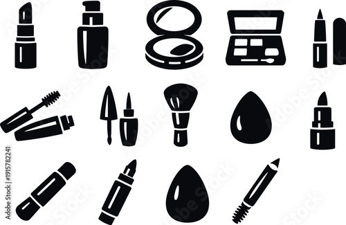 Solid vector icons of makeup tools: lipstick, foundation bottle, compact powder, eye shadow palette, mascara, eyeliner, blush