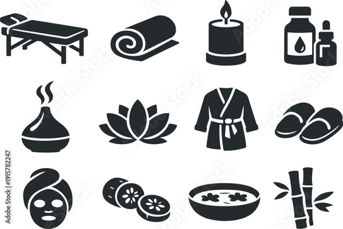 Solid vector icons of spa wellness: massage table, towel, candle, essential oil, diffuser, lotus flower, robe, slippers, face