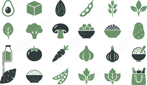 Clean and modern collection of plant-based food icons depicting healthy vegetables, fresh fruits, and essential ingredients for nutritious living