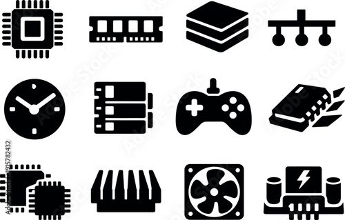 Solid vector icons of robotic intelligence head components: processor core, memory module, cache, bus, clock, register,