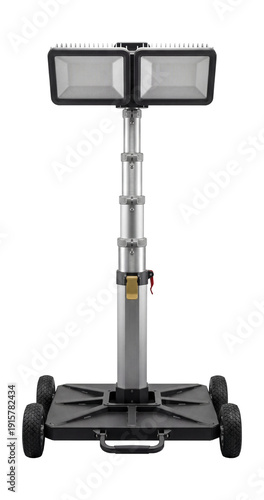 Telescopic LED floodlight tower with a wheeled base.