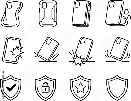 Line style icons of soft phone protection: silicone, rubber, polymer, gel; shock, drop, impact, bounce; safety, protect, guard,