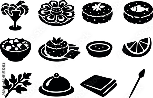 Solid vector icons of seafood appetizer selection: shrimp cocktail, oyster platter, crab cake, fish cake, ceviche bowl, tartare