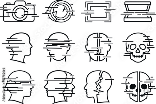 Line style vector icons of artificial perception glitch: camera, lens, sensor, scanner; distortion, offset, split, tear;