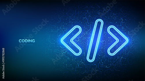 Programming code. Source code. Programming code icon on circuit board pattern background. Coding, hacker background. Coding brackets symbolizing programming, software engineering. Vector illustration.