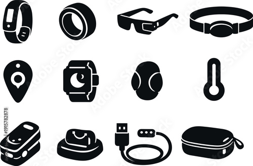 Solid vector icons of wearable technology: fitness tracker, smart ring, smart glasses, heart rate band, GPS tracker, sleep