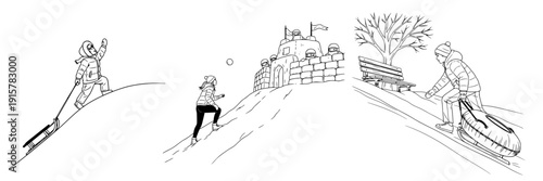 Winter activities: Children climbing snowy hill, children skiing, building snow fort, sledding  - Minimalist vector set. 