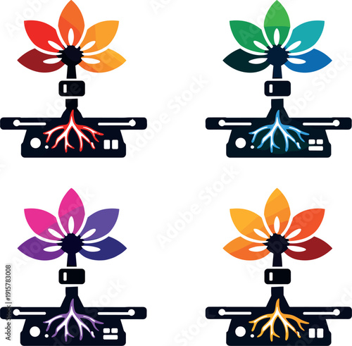 Solid vector icons of symbiotic mood-indicator plants: dynamic color petals, affective signal rootlet, bio-linked bloom engine;