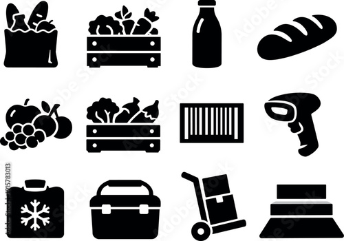 Solid vector icons of grocery delivery: grocery bag, produce box, milk bottle, bread loaf, fruit bundle, vegetable crate, barcode