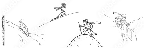 Vector set Sketches of skiers navigating snowy slopes on winter landscape and Children climbing snowy hill 