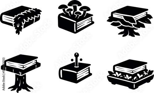 Solid vector icons of living book–ecosystem hybrids: moss ribbon spine, branching fungus clusters, organic leaf-layer shelf;
